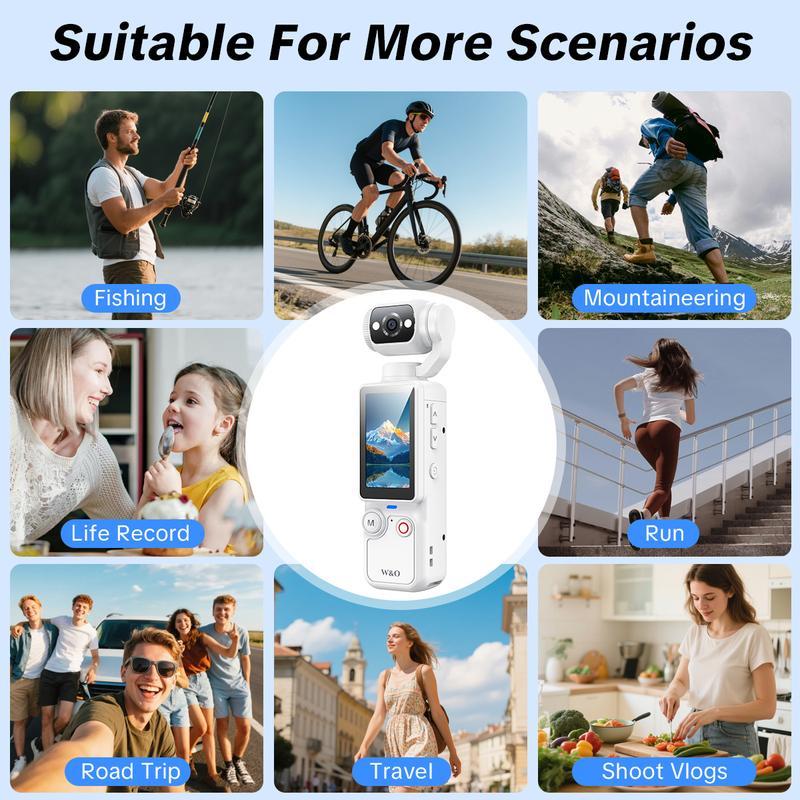 W&O Portable 2.5K Ultra HD Video Recorder with 180° Rotating Lens, Handheld Stabilizer Pocket Camera, Full Body Camera for Vlogging, Travel & Daily Life Recording, USB Rechargeable, Black, Vlogging Camera, Modern Gadget, Durable Construction, Camcorder