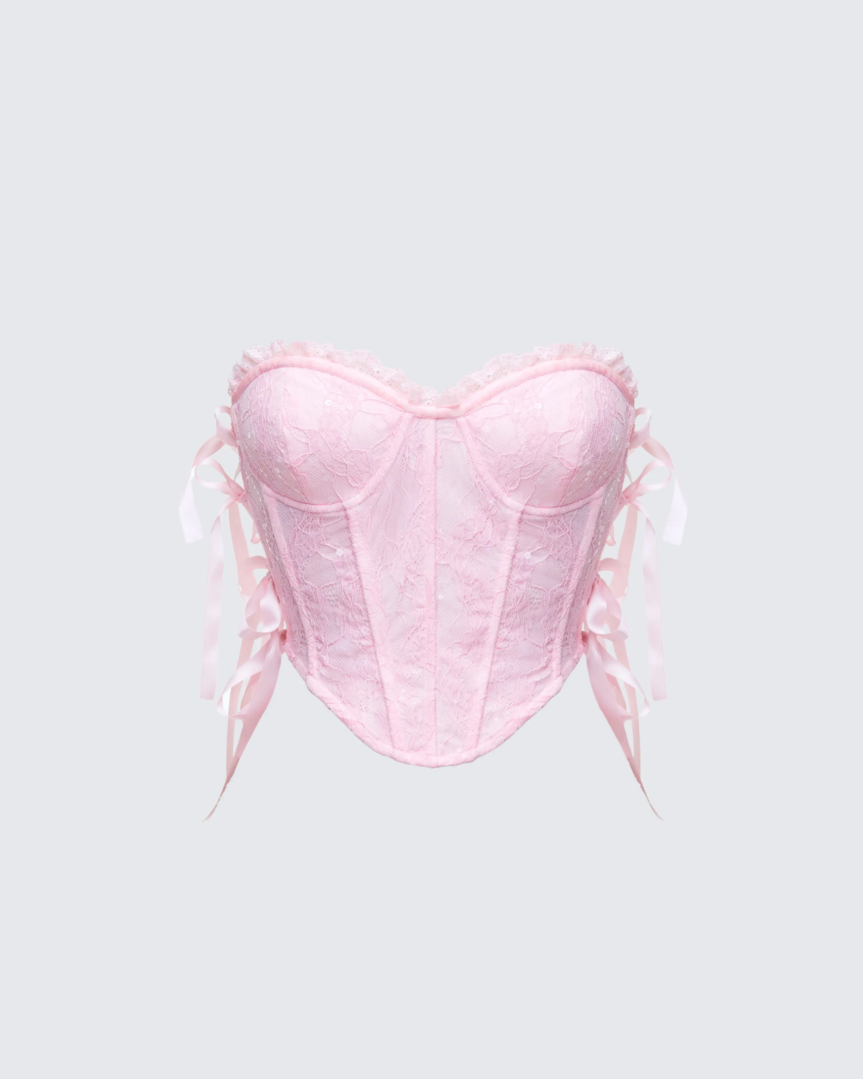 Women's Pink Sequin Side-Tie Corset Bustier Top - Women's Clothes with Ribbon Accents and Lace Details
