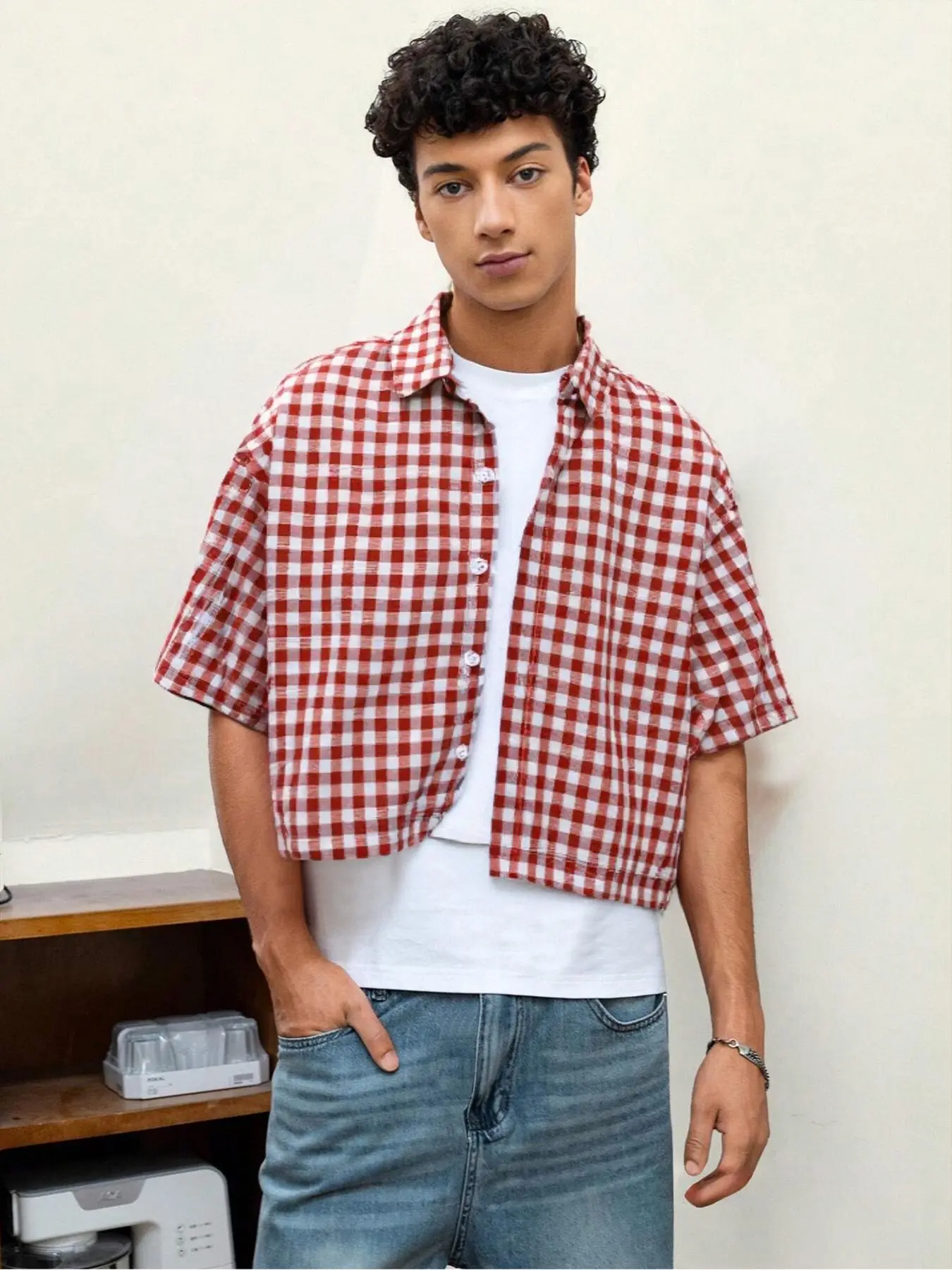 Men's Plaid Checkered Gingham Print Short Sleeve Shirt, Casual Fitted Style for Summer, Trendy Everyday Wear, Woven Fabric with Moderate Thickness, Menswear, Fashion Fitted Casual