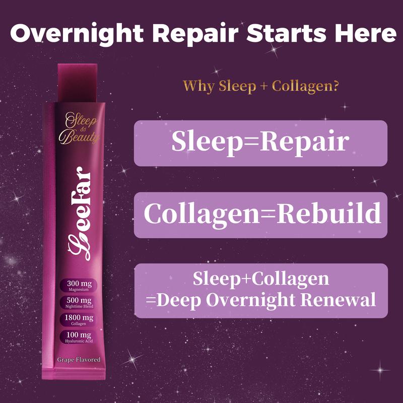 LeeFar Sleep & Beauty Collagen Jelly – 1800mg Bio-Peptides Collagen + Nighttime Blend | Magnesium Glycinate, L-Theanine, Hyaluronic Acid | Restful Sleep, Skin Elasticity & Hydration, Collagen Formation for Hair, Skin & Nails | Grape Flavor |15 Stick Packs