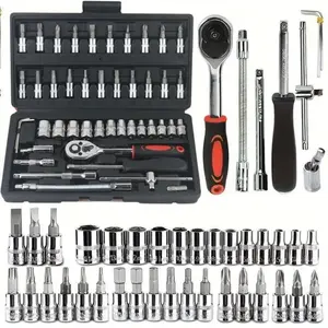 46PCS Socket Ratchet Wrench Set, 1/4" Drive, Chrome Vanadium Steel, Metric Sockets 4mm-14mm, with Extension Bars, Universal Joint, and Storage Case – Perfect for Auto Repair, Home Maintenance, and DIY Projects