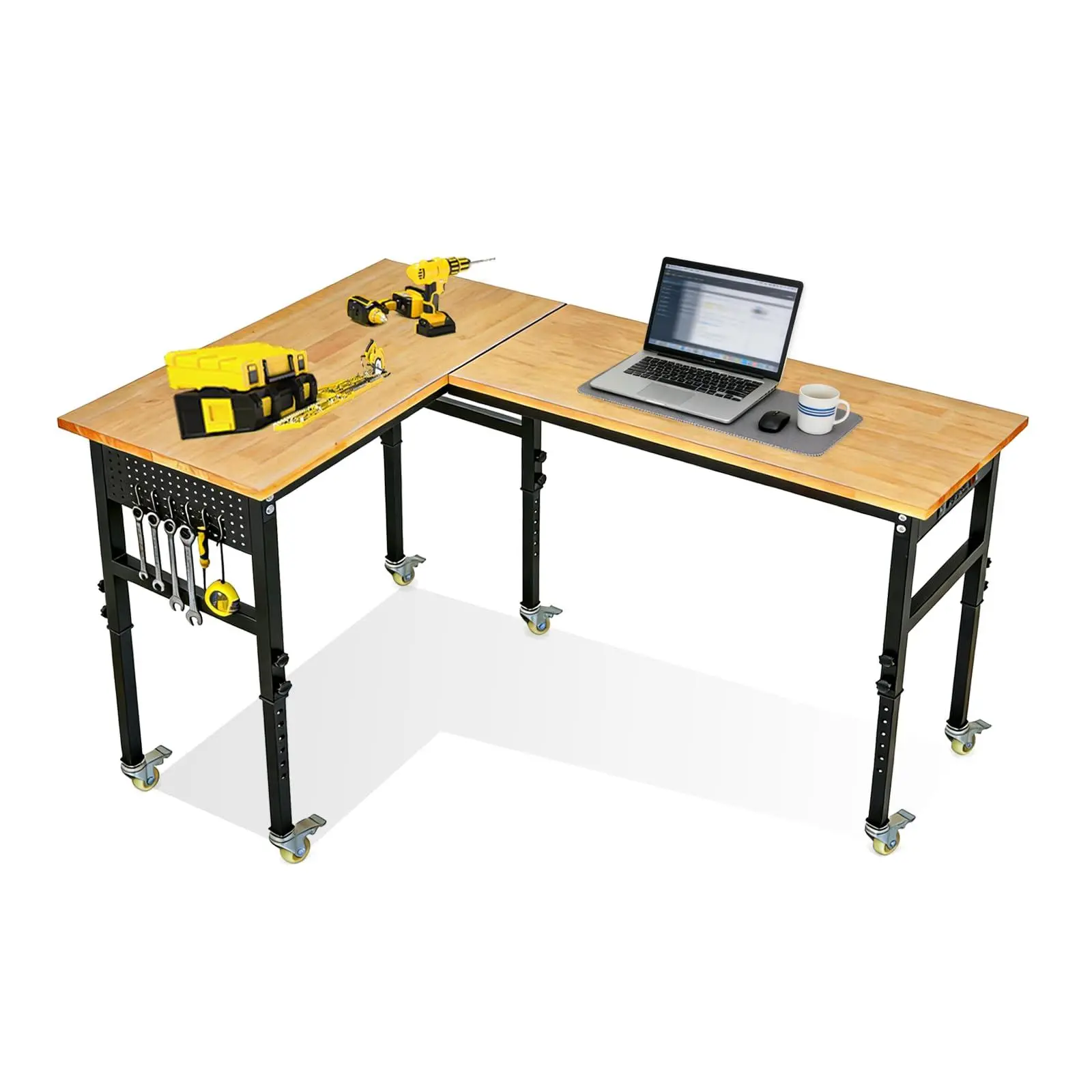 Gaomon Heavy Duty L-Shaped Height Adjustable Workbench (48in+48in) - 2000lbs Capacity Indoor Furniture with Power Outlet, Wheels, Pegboard & Rubber Wood Top for Garage, Home Office DIY Projects, Height Adjustable Desk,sohochic