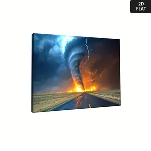 2D Flat, Powerful Tornado & Lightning Sky Canvas Wall Art Print - Wrapped Framed Natural Disaster Decor with Dark Blue & Orange Tornado, Black Lightning Bolts & Empty Road Scene - Modern Minimalist Home Office Bedroom Living Room Classroom Kitchen