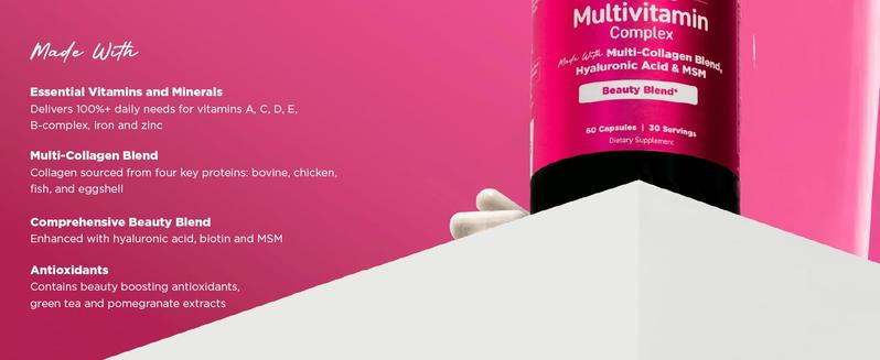 Women's Multivitamin Complex - Made with Multi-Collagen Blend, Hyaluronic Acid, MSM & Antioxidants | Hair, Skin, Nails, Energy & Immune Support | 60 Capsules