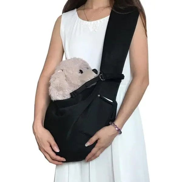 100% Cotton Fabric Pet Sling Carrier Bag for Small Dogs & Cats - Soft Breathable, Reversible Sides, Secure Hook Hold, Wide Easy Entry Button-Closure, Adjustable Shoulder Strap, Wallet-Ready Pocket, Ideal for Outings, Grocery Store Trips