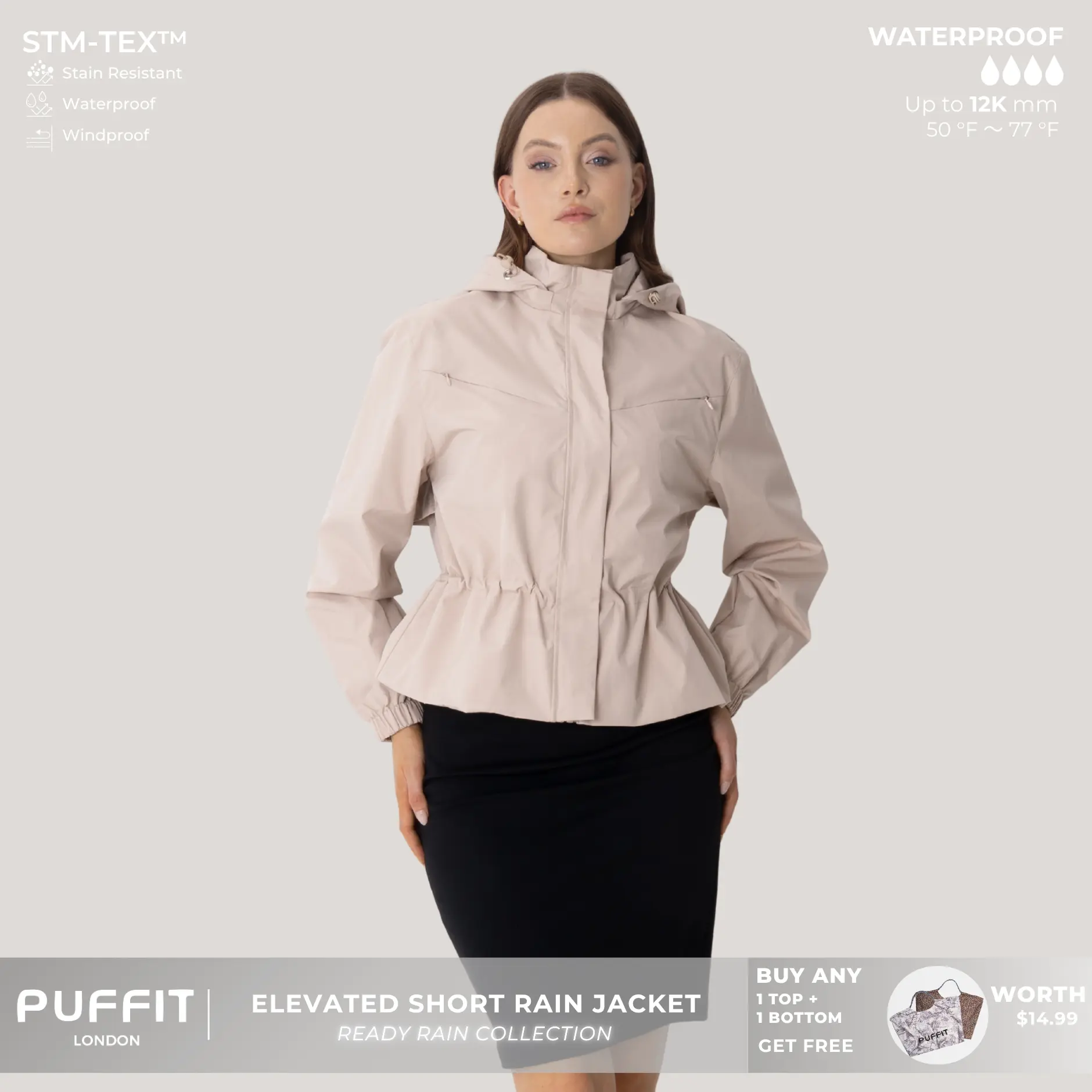 PUFFIT STM-TEX Elevated Short Detachable-hood Rain Jacket With Drawstring Waist,Breathable Eyelets & Multi-Pocket Design,Waterproof,Stain-Resistant,Windproof,Outerwear,Outdoor,Sport,Dog Walking,Windbreaker,Womenswear,Fall & Winter Jacket,2026 Shopping