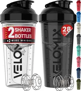 2 Pack- 28 oz Protein Shaker Bottles for Protein Mixes - 2x Wire Whisk | Leak Proof Shaker Cups for Protein Shakes | Protein Shaker Bottle Pack (Black/Transparent)