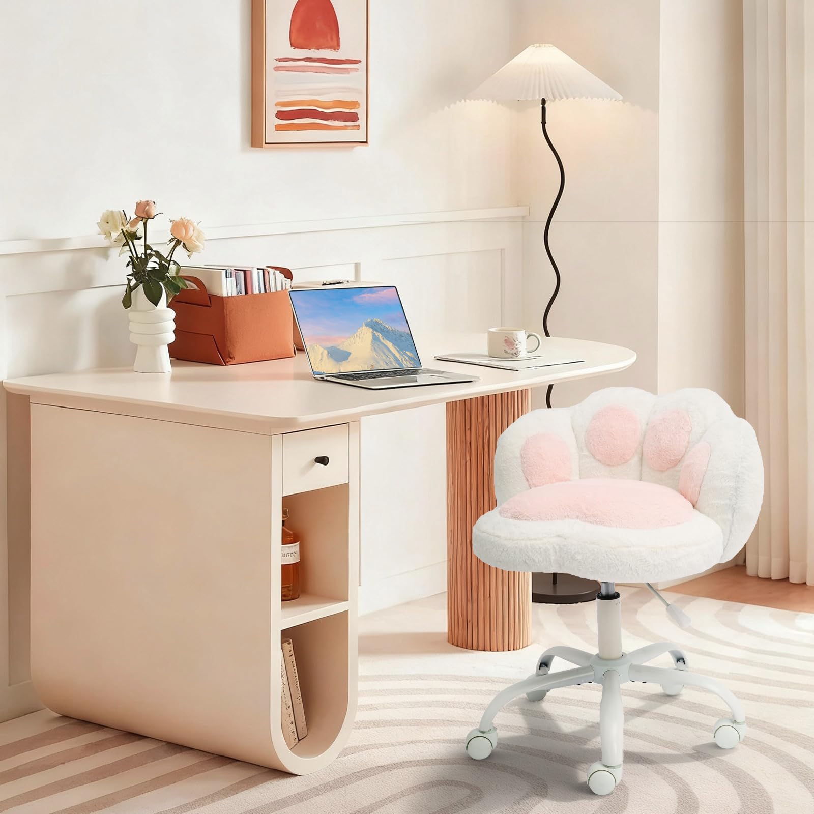 Vanity Chair with Wheels,Cute Cat Paw Office Chair with Back,360°Rotating Height Adjustable Armless Chair in Vibrant Color-Blocking,Small Desk Chair,Plush Cushion for Bedroom,Make-Up Room Home Office