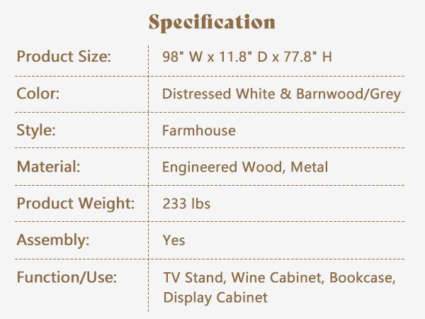 【Ships in 2 Boxes】AMERLIFE Farmhouse 98" Wall Unit TV Stand with Storage Cabinets for TVs up to 78", Large Entertainment Center with Bookshelves & Power Outlets, Wine Display Cabinet with Barn Door, Living Room