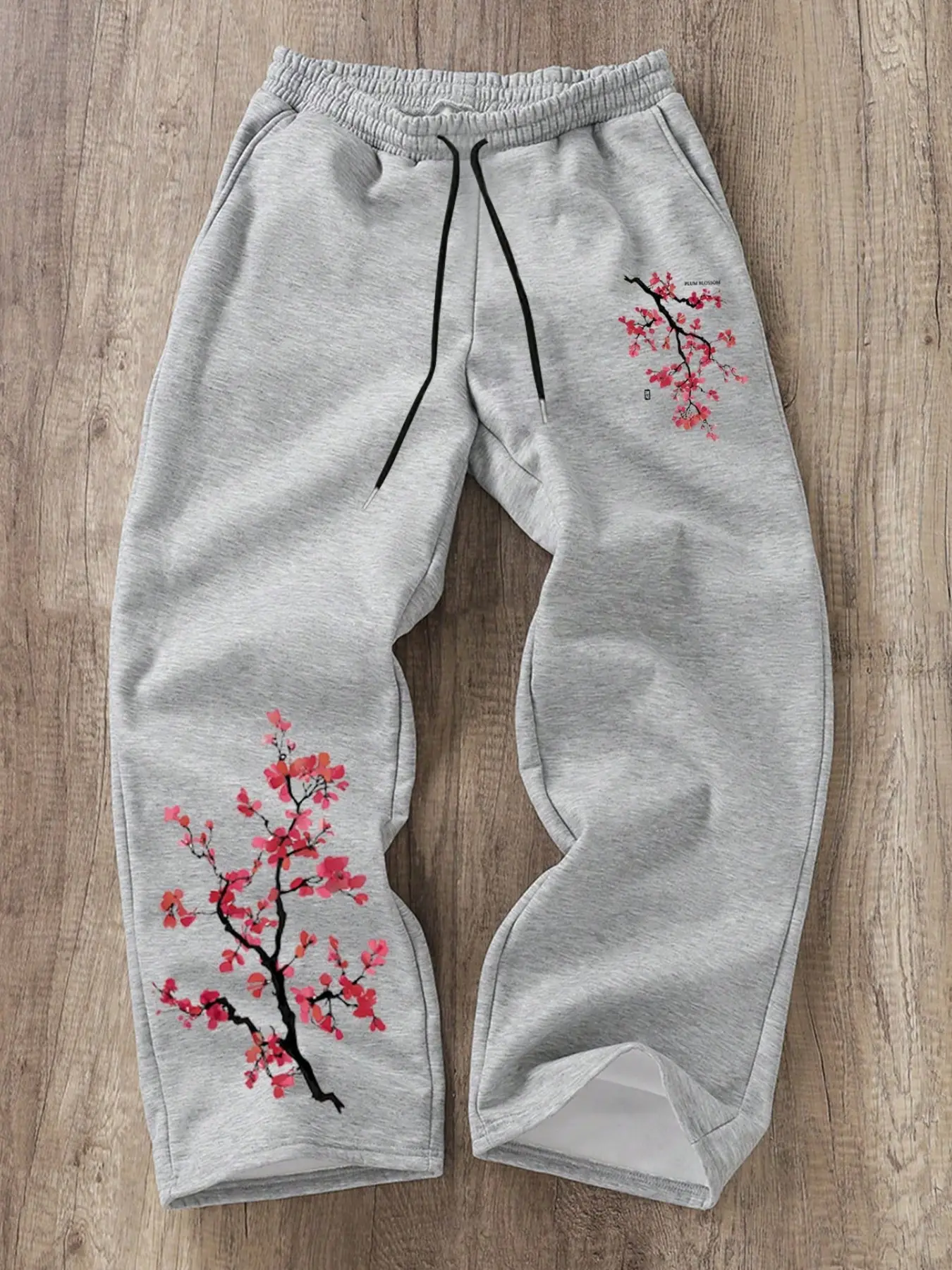Trendy Japanese Aesthetic Cherry Blossom Print Sweatpants, Oversized Wide-leg Drawstring Adjustable Joggers, Heathered Grey Cozy Casual Pants, Essential for Edgy Street & Campus Outfits, Bottoms