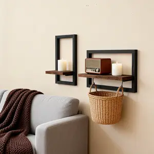 LOOBANI 2PCS Rustic Wooden Wall Shelf, Hanging Farmhouse Wall Shelf for Plants, Candles & Home Decor