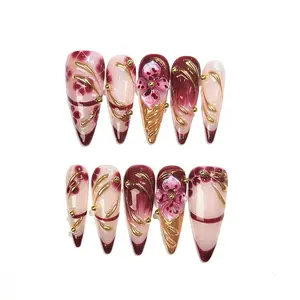 KissMuse Nails ROSE WINE 10 PCS Stilettos Handmade Press On Nails Builder Gel Enhanced 3D Floc Lwer Majestiuxurious selectable size Reusable