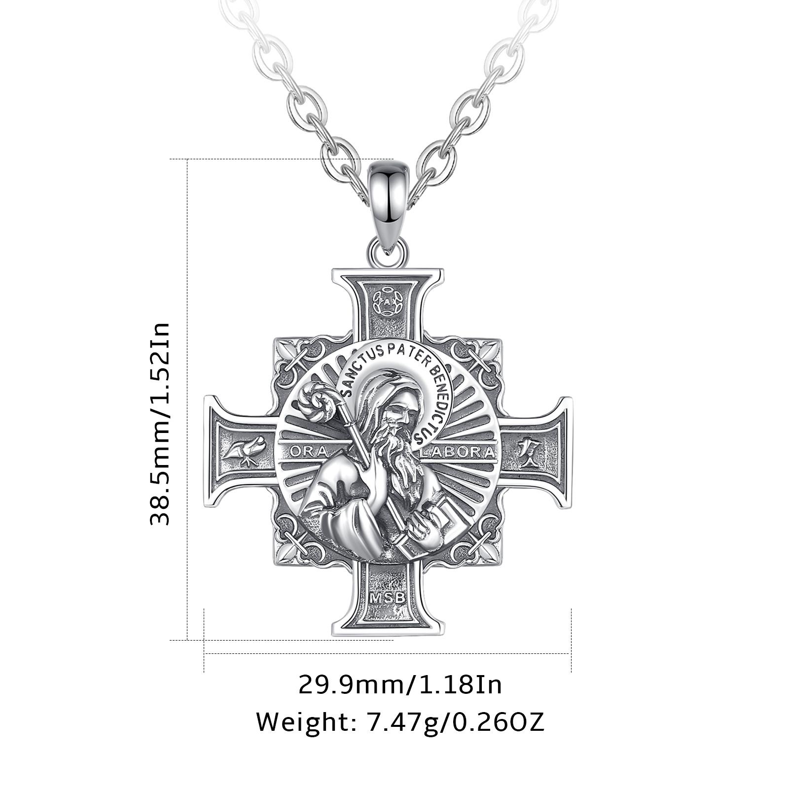 Eudora S925 Sliver St Benedict Pendant Necklace, San Benito Cross Medal for Him, Vintage Saint Benedict Amulet, Catholic Protection Amulet, Christian Jewelry Gift