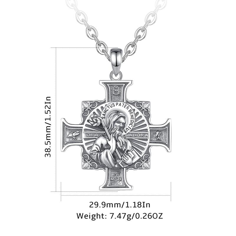 Eudora S925 Sliver St Benedict Pendant Necklace, San Benito Cross Medal for Him, Vintage Saint Benedict Amulet, Catholic Protection Amulet, Christian Jewelry Gift