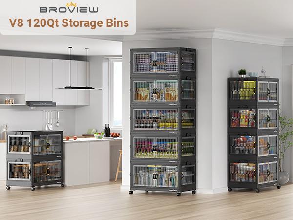 Broview 360Qt/480Qt/600Qt Stackable Storage Bins with 4x Lids, Each 120Qt Stackable Storage Bin,Front and Side Open Doors, Collapsible Closet Organizer and Storage Cabinet, Plastic Folding Box with Wheel Drawer for Home Office Dorm