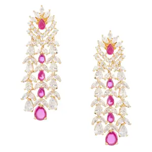 Ava Two Toned Yellow Gold Plated & Ruby Red CZ Earrings | Designer Costume Jewelry By Jaipur Rose