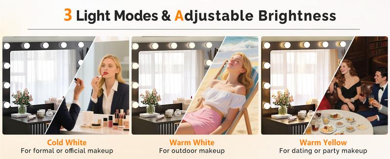 VINGLI Fluted Makeup Vanity Desk with Mirror & Lights & Power Outlet, Small Vanity Table w/ 5 Drawers & 2 Storage Shelves, Modern Dressing Table Set Charging Station for Bedroom