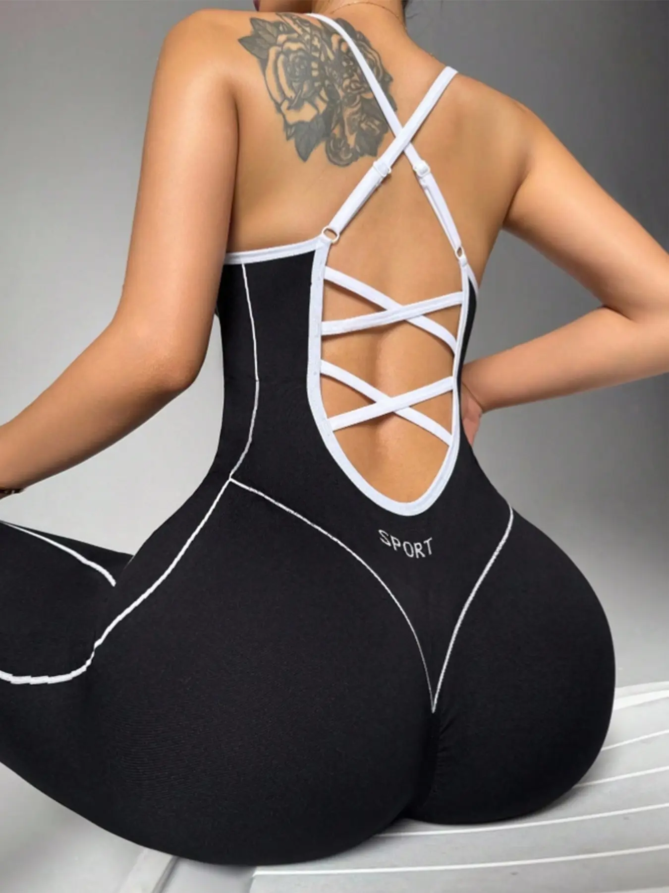 Women's Seamless High-Stretch Knit Activewear Jumpsuit, Tight-Fit Ankle-Length, Back Cross Shoulder Straps, Breathable Workout Outfit for Yoga, Gym & Outdoor Cycling