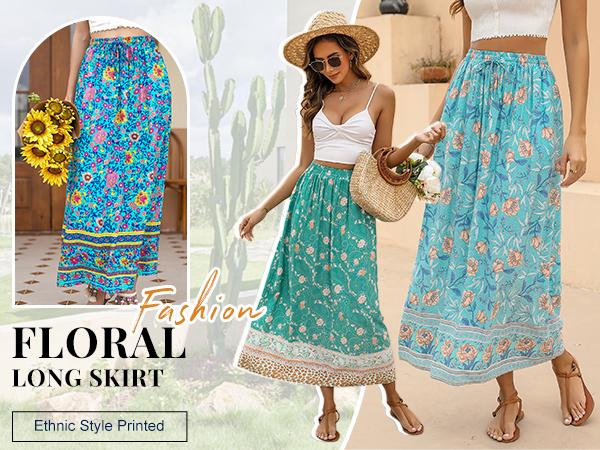 Women's 2025 Boho Floral Skirt Casual Elastic High Waist Maxi Skirts Flowy A Line Beach Long Skirt with Side Pockets