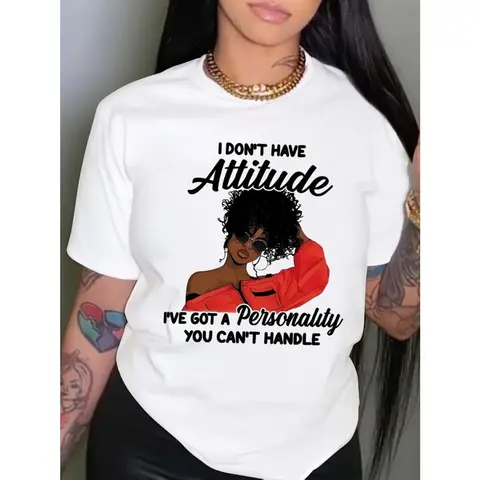 Women's Cotton Graphic Print Shortsleeve T-Shirt - Bold "I Don't Have Attitude..." Slogan, Red Fashion Glasses Design, Soft Breathable Apparel for Spring, Summer Everyday Day Wear, Machine Washable