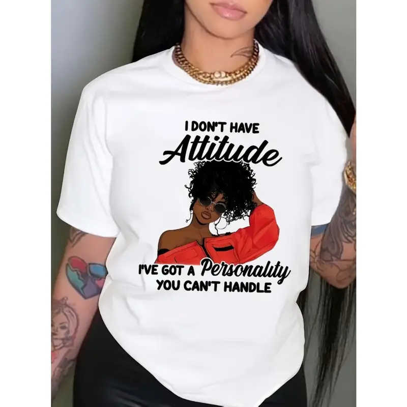 Women's Cotton Graphic Print Shortsleeve T-Shirt - Bold "I Don't Have Attitude..." Slogan, Red Fashion Glasses Design, Soft Breathable Apparel for Spring, Summer Everyday Day Wear, Machine Washable
