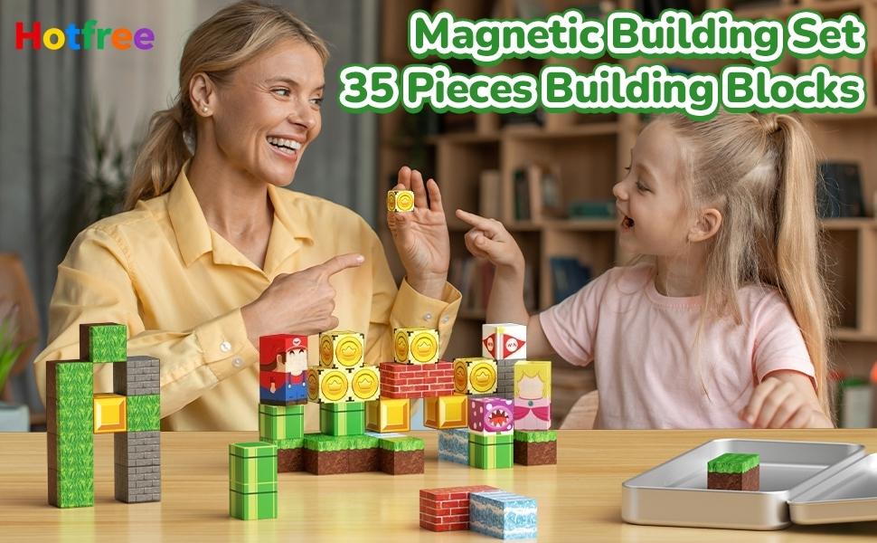Hotfree Mini Magnetic Building Blocks 35PCS, Montessori Educational Magnetic Cubes STEM Toddler Learning Set with Iron Storage Box,  Travel Airplane Activities Toys, Portable Construction Toys, Easter Toy Birthday Christmas Gift for Kids Boys Girls 3-8