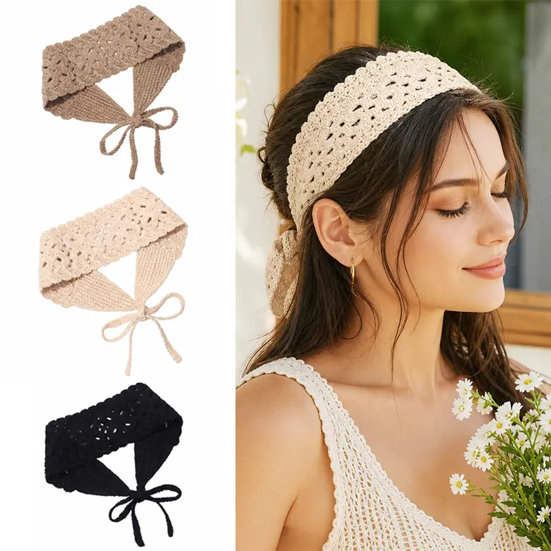 3 Pieces Crochet Boho Headbands for Women, Tie Adjustable Knit Hippie Bandana Headband, Soft Breathable Bohemian Hair Scarf Hair Accessories Head Wrap