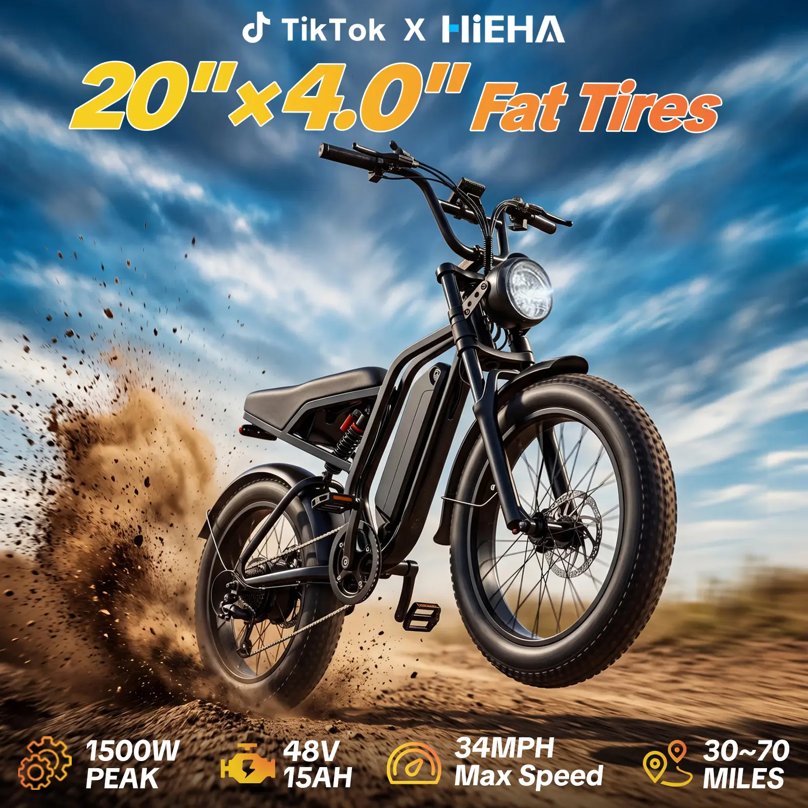 【HiEHA】Adult Electric E-Bike - 1500W Peak Power, High Speed 34MPH Max, 30-70 Miles Range, Full Suspension, 20"×4.0" Fat Tires, Removable 48V 15AH Battery, UL 2849 Certified, All-Terrain for Snow/Mountains, Commuter Energy-Saving Bikes,camping essentials