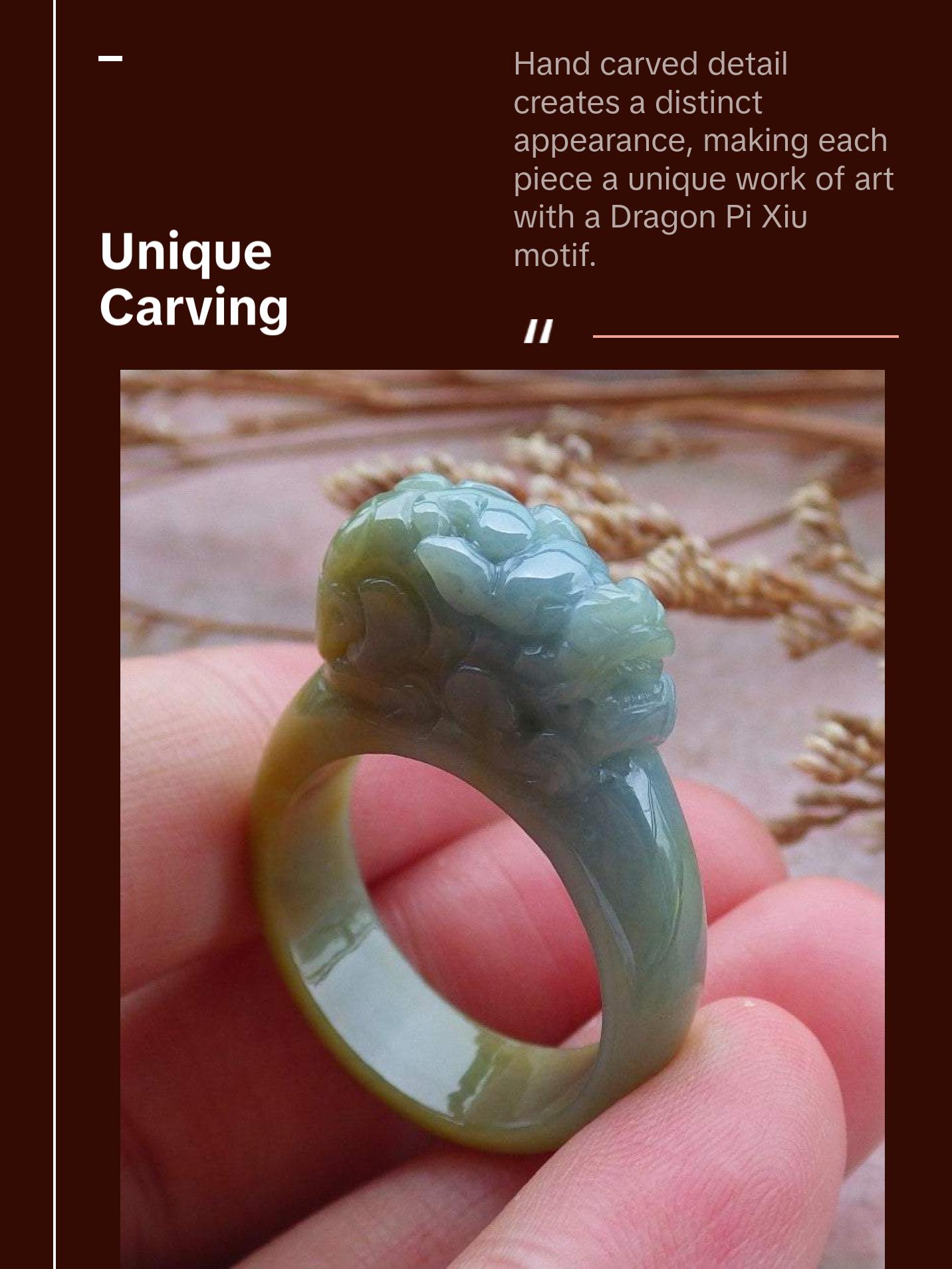 Certified Hand Carved Blue Water Green Yellow Natural Myanmar Burma A JADE Jadeite Dragon Pi Xiu Ring US 8.75