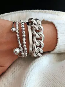 5-Piece Silver Adjustable Chain Open Cuff Bracelet Set for Women, Fashion Layered Stackable Link & Beads Design, Italian Boho Cuban Style Trendy Jewelry, Perfect Holiday Gift for Her, Ideal for Dates, Parties & Special Occasions