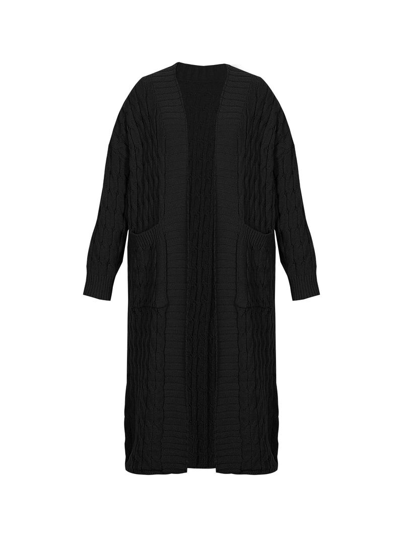 Women's Solid Color Textured Drop Shoulder Pocket Longline Cardigan, Casual Open Front Long Sleeve Knitwear for Fall & Winter, Women's Knit Clothing for Daily Wear, Lady Baggy Cardigans for Women, Womenswear, Casual Knit Top