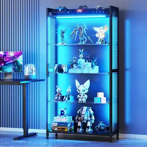 Display Case with LED Lights, Display Cabinet with Glass Storage Shelves, 4-Tier Display Shelf for Collectibles, Curio Cabinet with Open Shelf, Black
