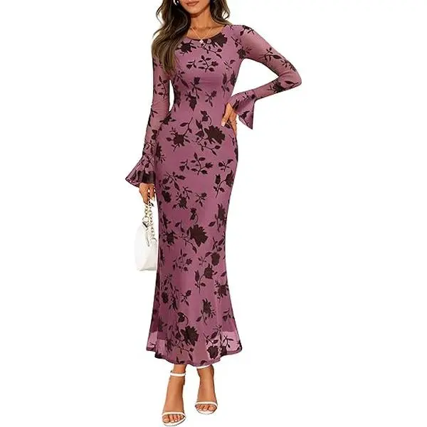 ZESICA Women's 2026 Bell Long Sleeve Floral Maxi Dress Spring Fashion Bodycon Mesh Wedding Guest Cocktail Party Dresses