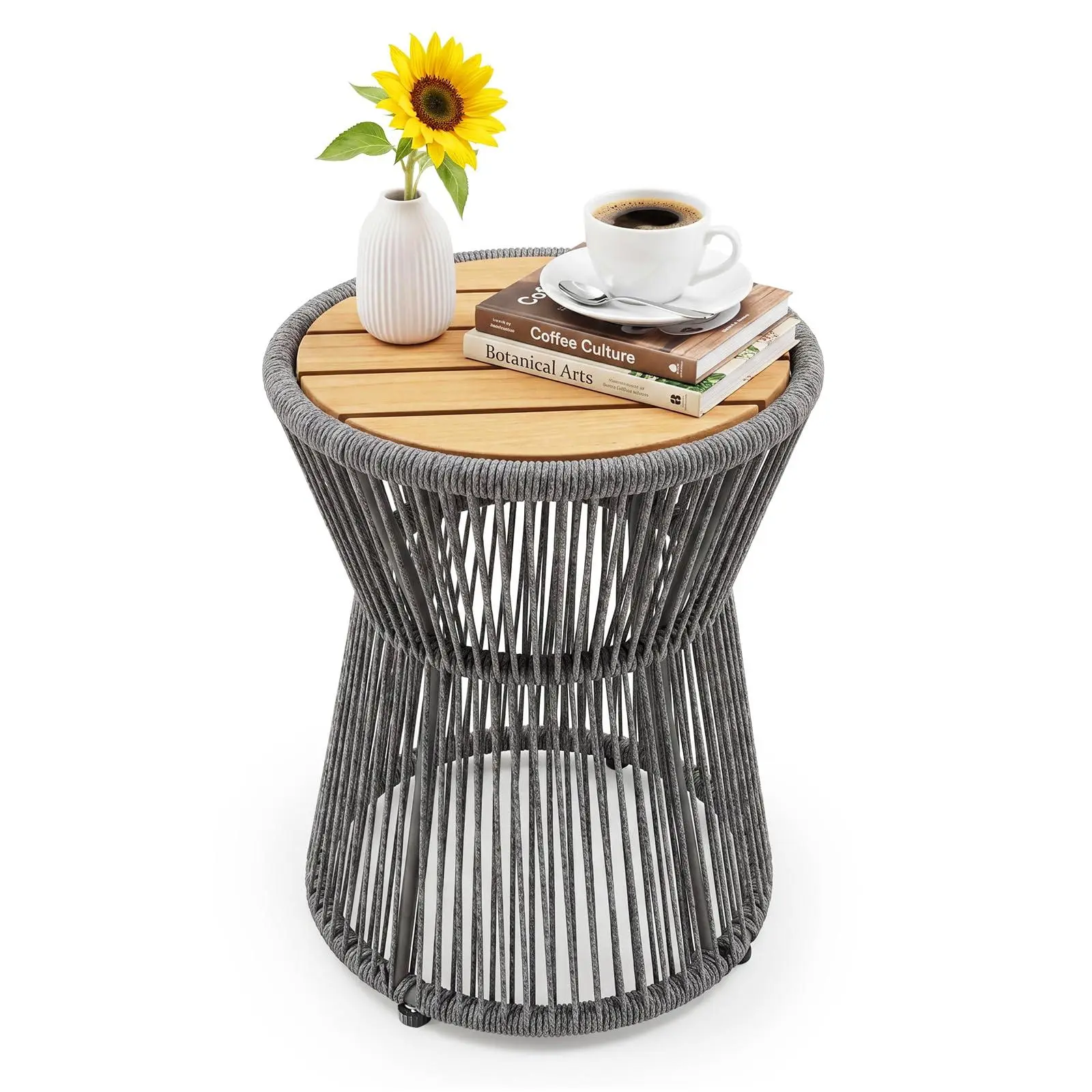 Outdoor Small Side Table, 20" h Patio Rattan End Table with Wood Top Round Coffee Table for Living Room Outdoor Patio Backyard Poolside,Grey