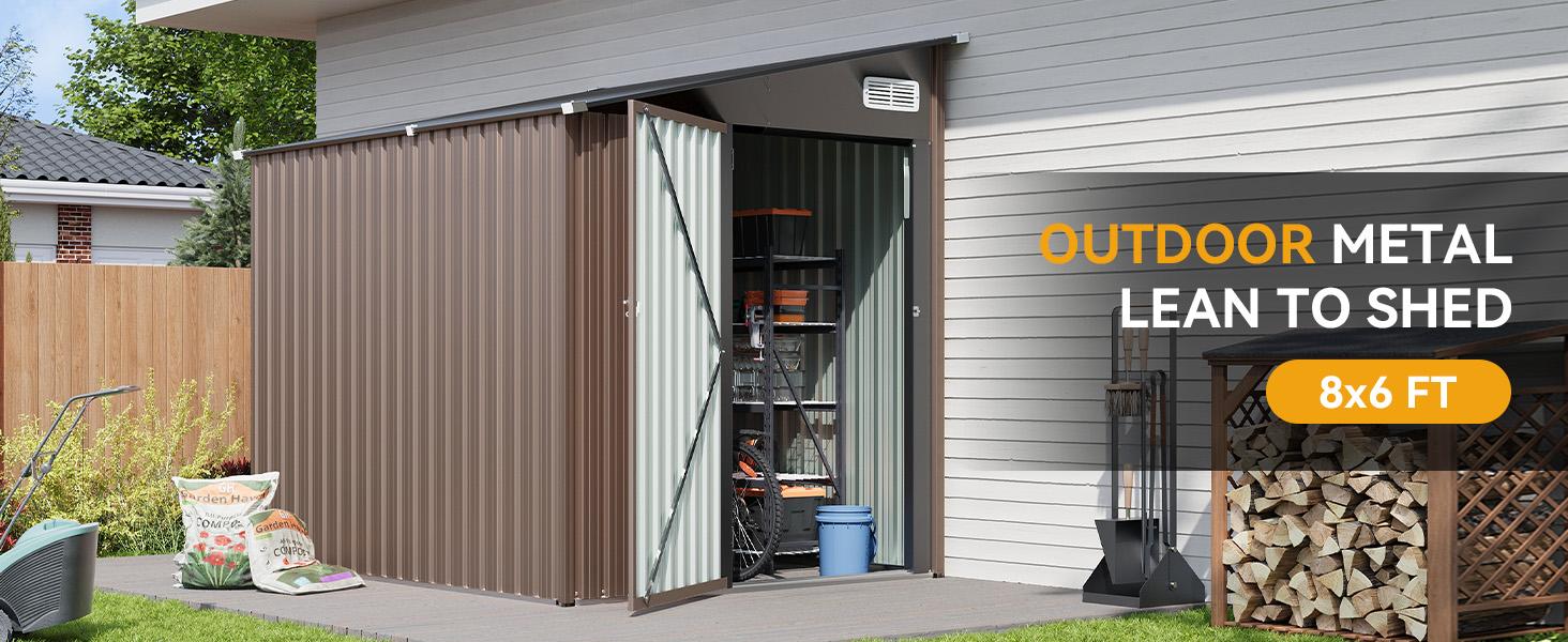 Aoxun 7'x5.5' Lean to Shed Large Storage Room Galvanized Steel with Side Door Waterproof Utility Shed for Mower Bike Garden Tools Brown