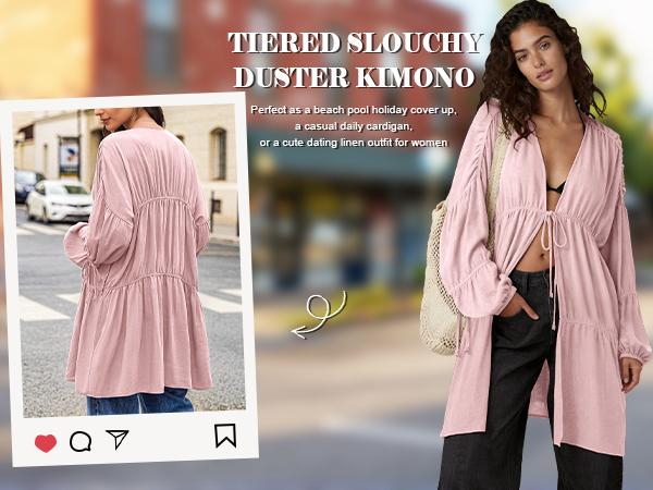 【SS26 Collection】TARSE Womens Oversized Swimsuit Cover Up Linen Blend Tie Front Kimono Long Cardigan Pleated Ruffle Flowy Coverup Beachwear with Pockets Vacation Outfits
