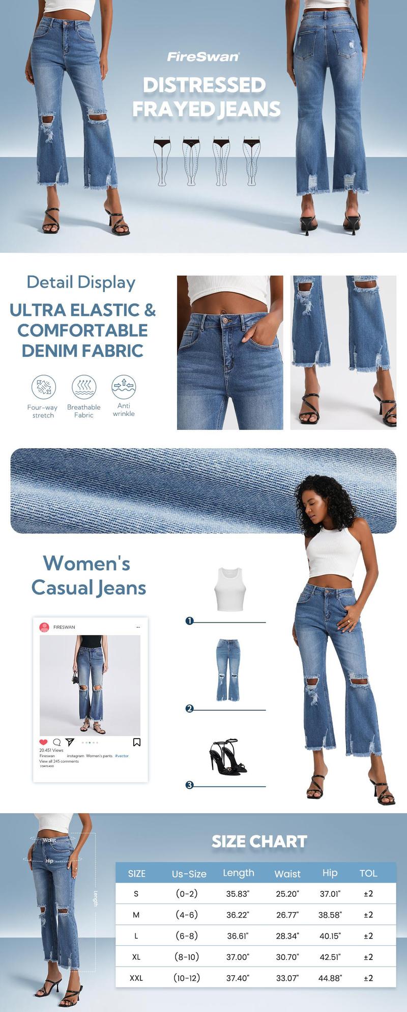 2026 New Style Stretch Wide-Leg Ripped Jeans with Tassel Wash, Straight Leg Casual Women's Pants