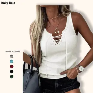 Imily Bela Womens Sexy V Neck Tank Shirts Top Sleeveless Casual Basic Drawstring Rib Knit Tops