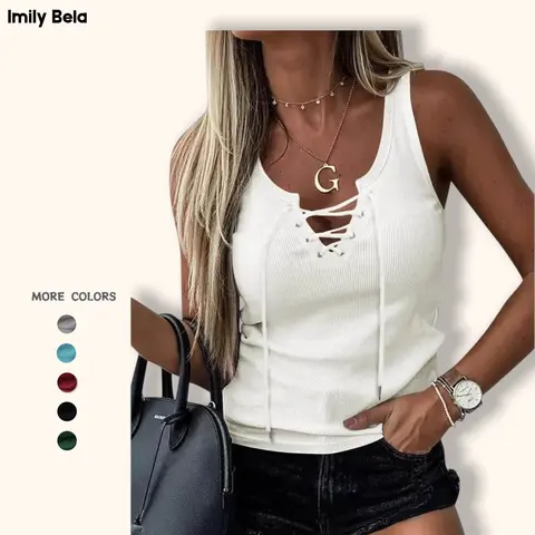 Imily Bela Womens Sexy V Neck Tank Shirts Top Sleeveless Casual Basic Drawstring Rib Knit Tops