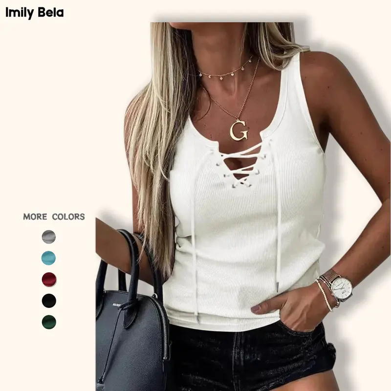 Imily Bela Womens Sexy V Neck Tank Shirts Top Sleeveless Casual Basic Drawstring Rib Knit Tops