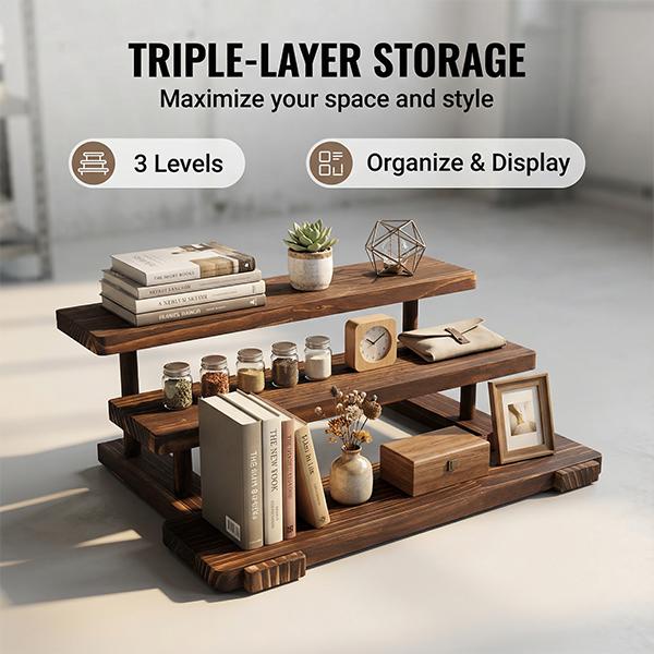 Solid Wood Shelf with Multi-layer Storage Extra-large Capacity Three-tier Design for Desk Storage Figure Display & Plant Placement Tames Your Messy Desk