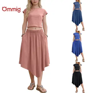 Ommig Summer Fashion Two-Piece Set Cropped Baby Tee & High-Waisted Flowy Skirt with Pockets for Everyday Wear