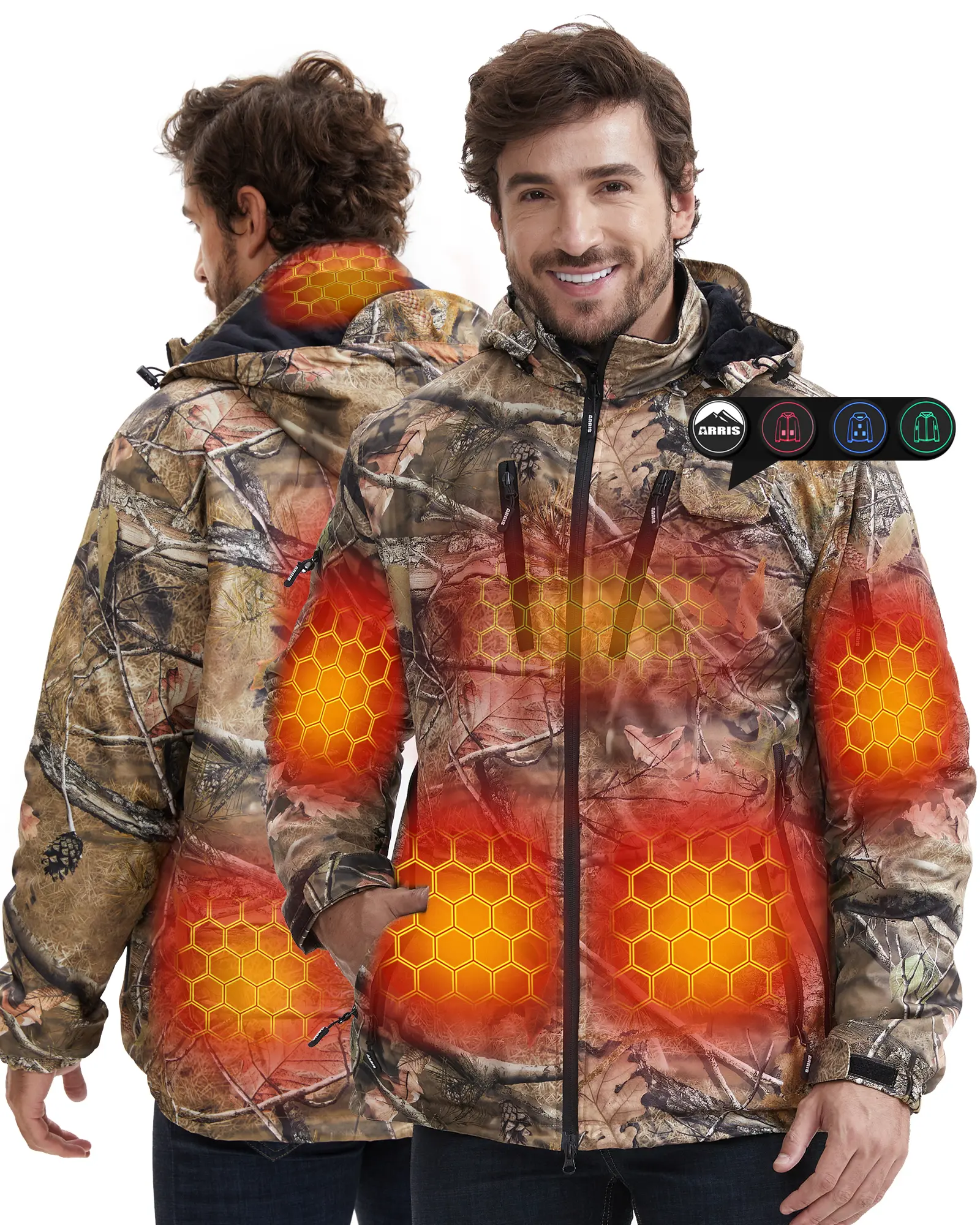 ARRIS Men’s  Heated Jacket, Long Sleeve Electric Heating Coat with 7.4V Battery and Detachable Hood - Waterproof, 8 Heating Areas