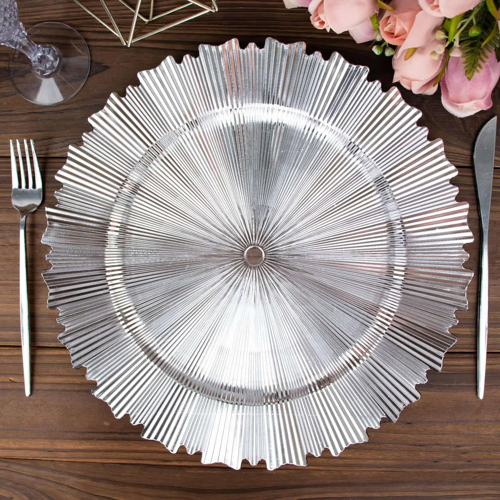 13" Glossy Metallic Silver Acrylic Plastic Round Charger Plates (6-Pack) with Sunray Scalloped Rim, Decorative Serving Tableware for Formal Events Dinner Parties, Six-Pack