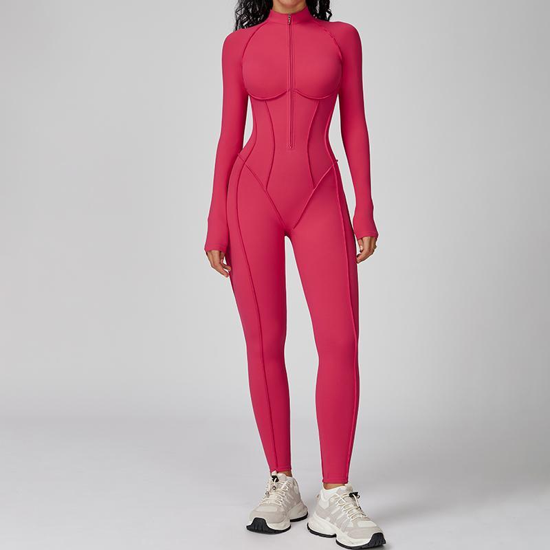 Womens Contour Seams Long Sleeve Padded Workout Jumpsuit Zip Up Tummy Control One Piece Bodycon Yoga Rompers Fitness Sport Outfits Athletic Style Activewear