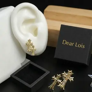 Dear Lois 14K Gold Plated Double Cross Earrings for Women & Men – Lightweight Double Piercing Cross Dangle Earrings