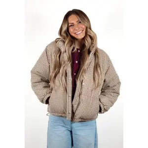 Brown Gingham Puffer Jacket