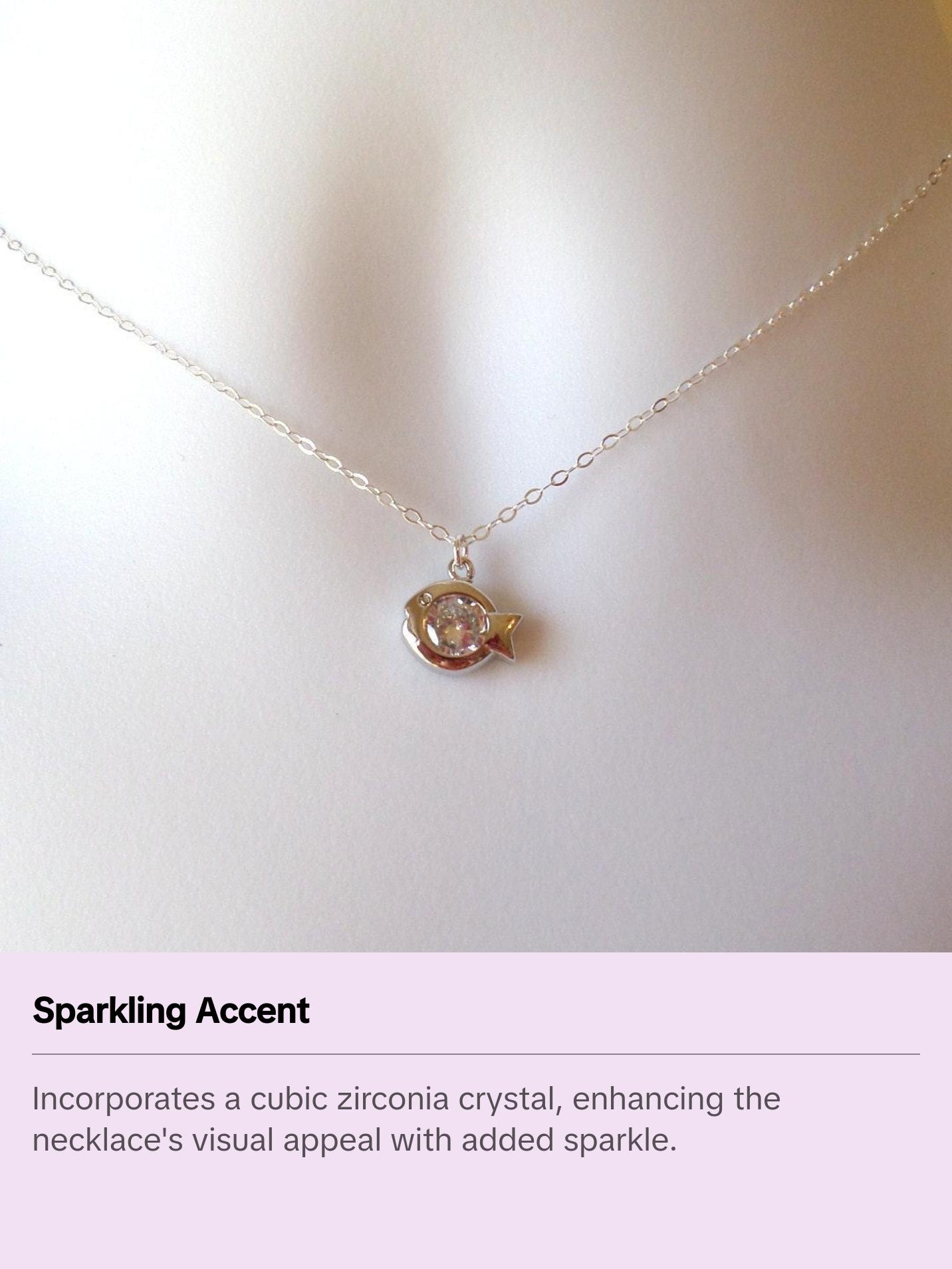 Sterling Silver and Rhodium Plated Fish Necklace - Tiny Silver 3d Fish with Cubic Necklace, Geometric Necklace, Christmas Gift