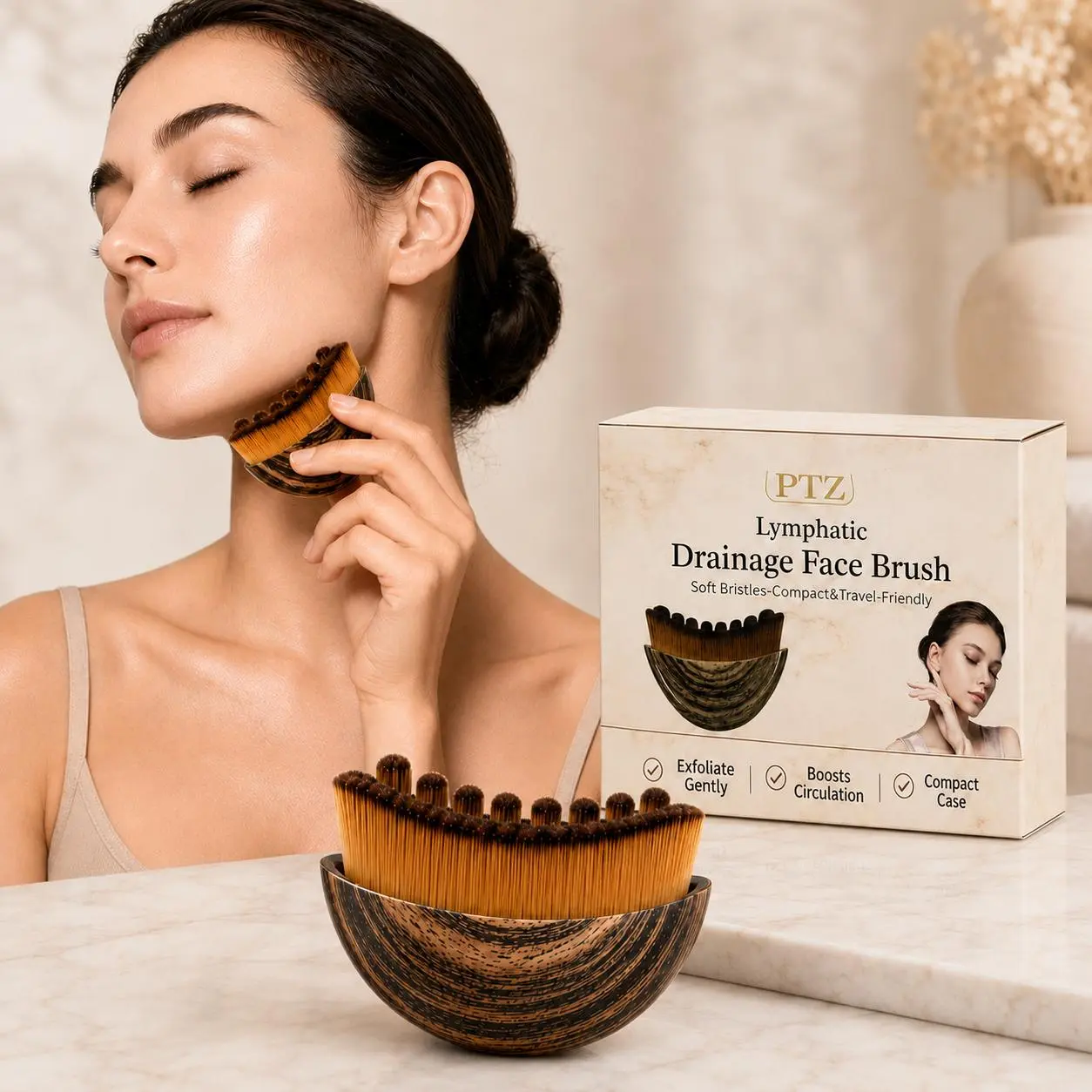 Lymphatic Drainage Face Brush with Travel Case, SoftBristle Facial Cleansing & Massage Brush for DailySkincare, Compact Face Scrub Brush