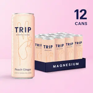 TRIP Peach Ginger - Lightly Sparkling Drink with Magnesium, Ashwagandha, Lion's Mane & L-Theanine - Low Calorie & Vegan - Mindful Blends 12 Pack